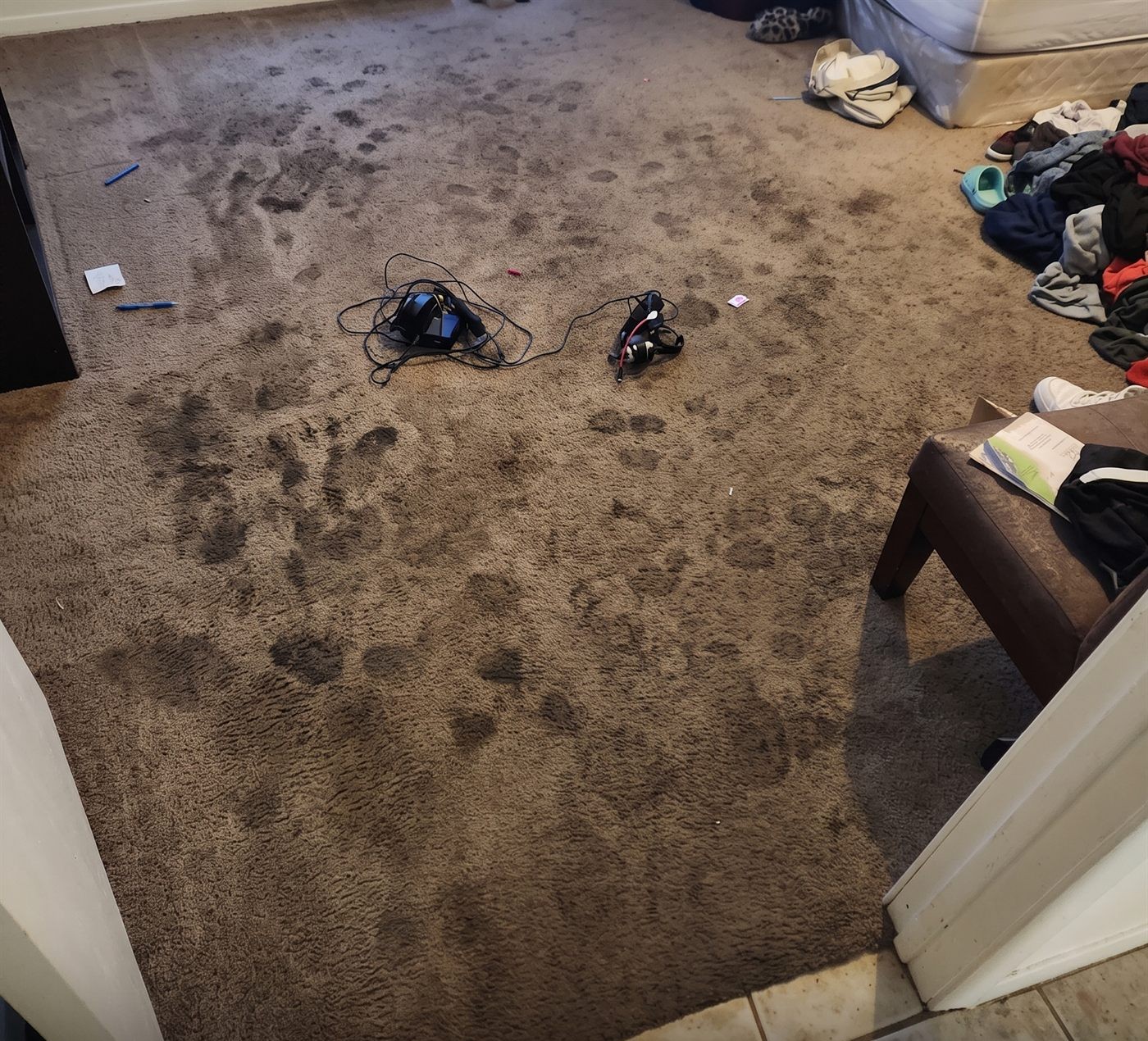 Bedroom carpet with severe dark traffic paths before cleaning